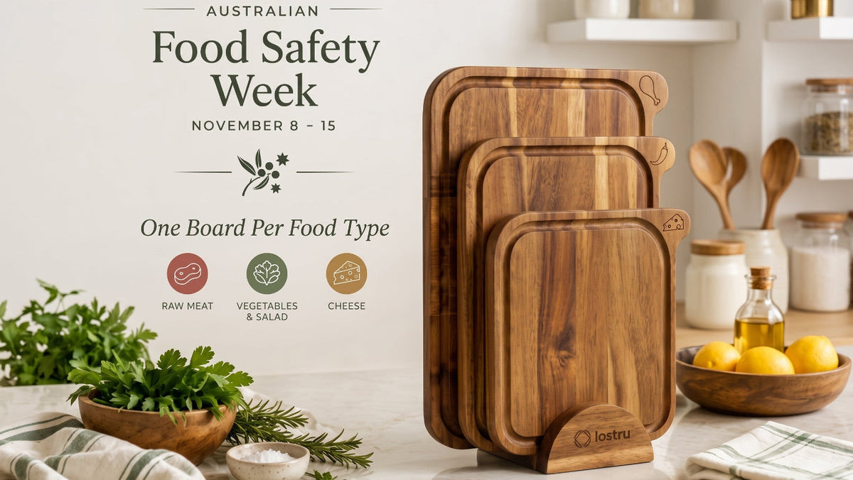 Three stacked wooden cutting boards in different sizes displayed on a kitchen counter, with food safety week promotional text on the left and kitchen props including herbs, lemons, and jars in the background.