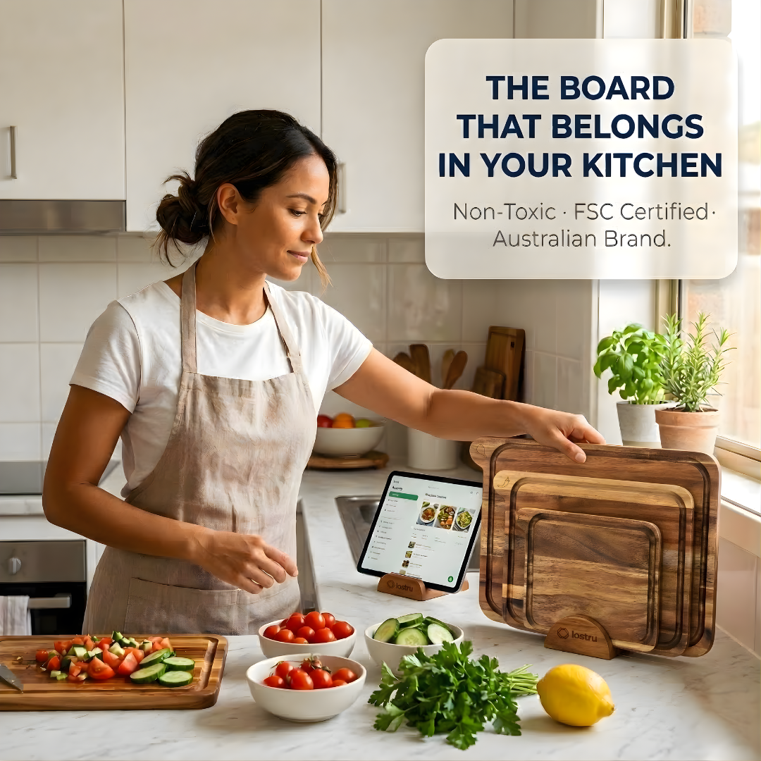 Woman in a kitchen with wooden cutting boards and vegetables, promoting a non-toxic FSC certified Australian brand.