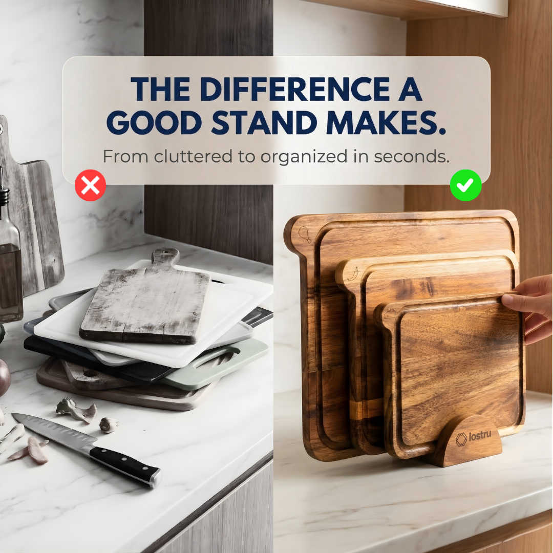 Before and after comparison of a kitchen counter with a cutting board stand, showing cluttered and organized states.