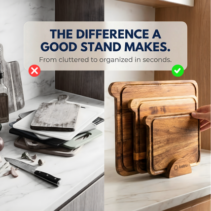 Before and after comparison of a kitchen counter with a cutting board stand, showing cluttered and organized states.