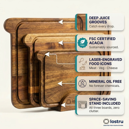 Wooden cutting boards with features highlighted on a white background