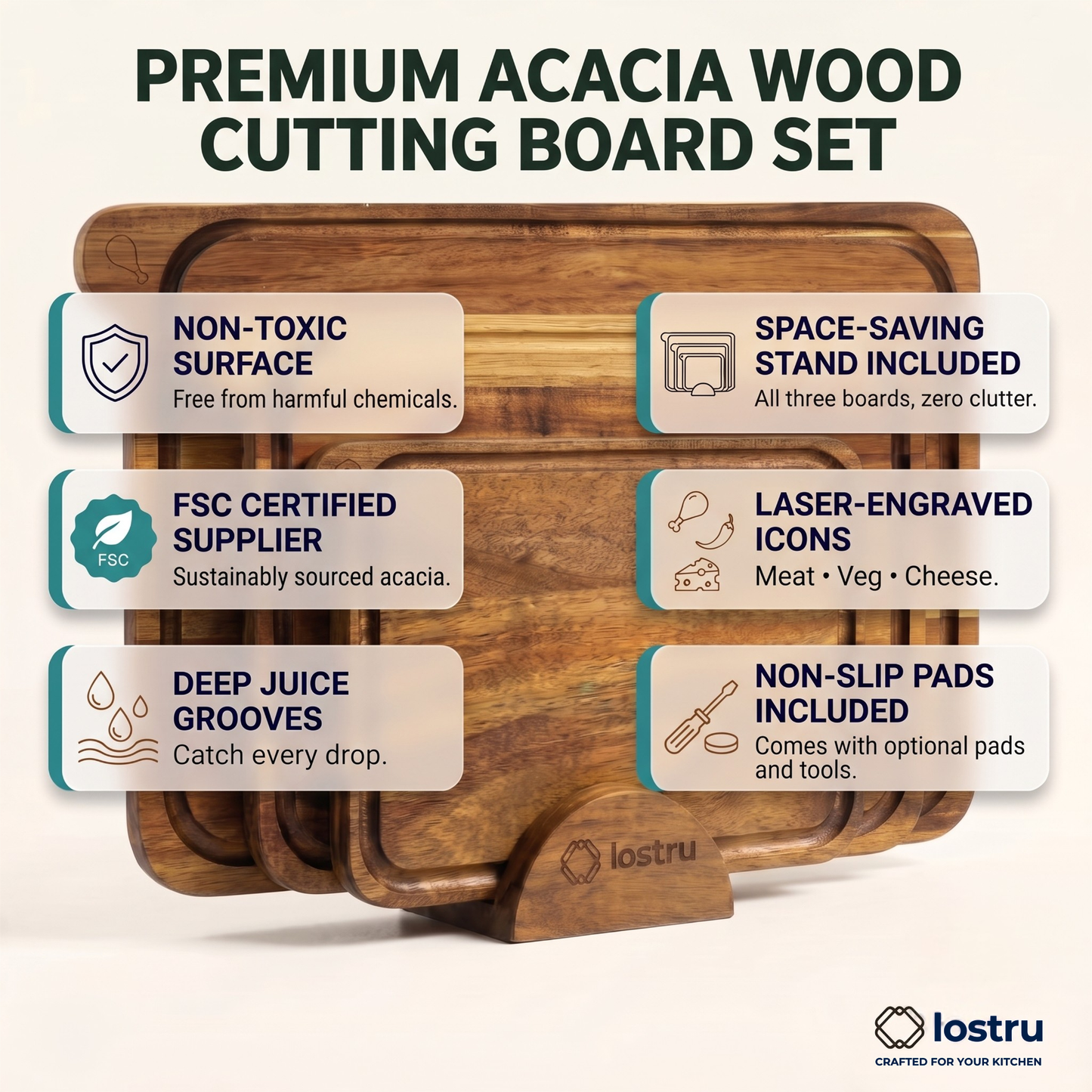 LOSTRU 3-Piece Non-Toxic Acacia Cutting Board Set with Stand