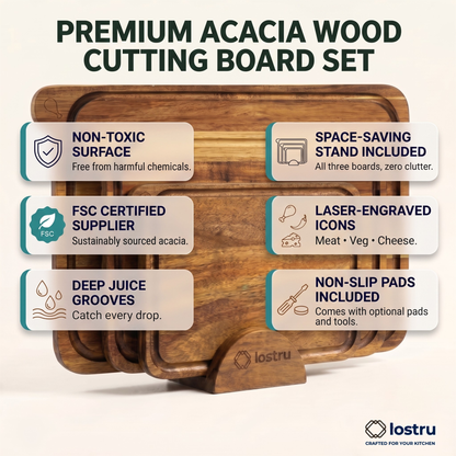 LOSTRU 3-Piece Non-Toxic Acacia Cutting Board Set with Stand