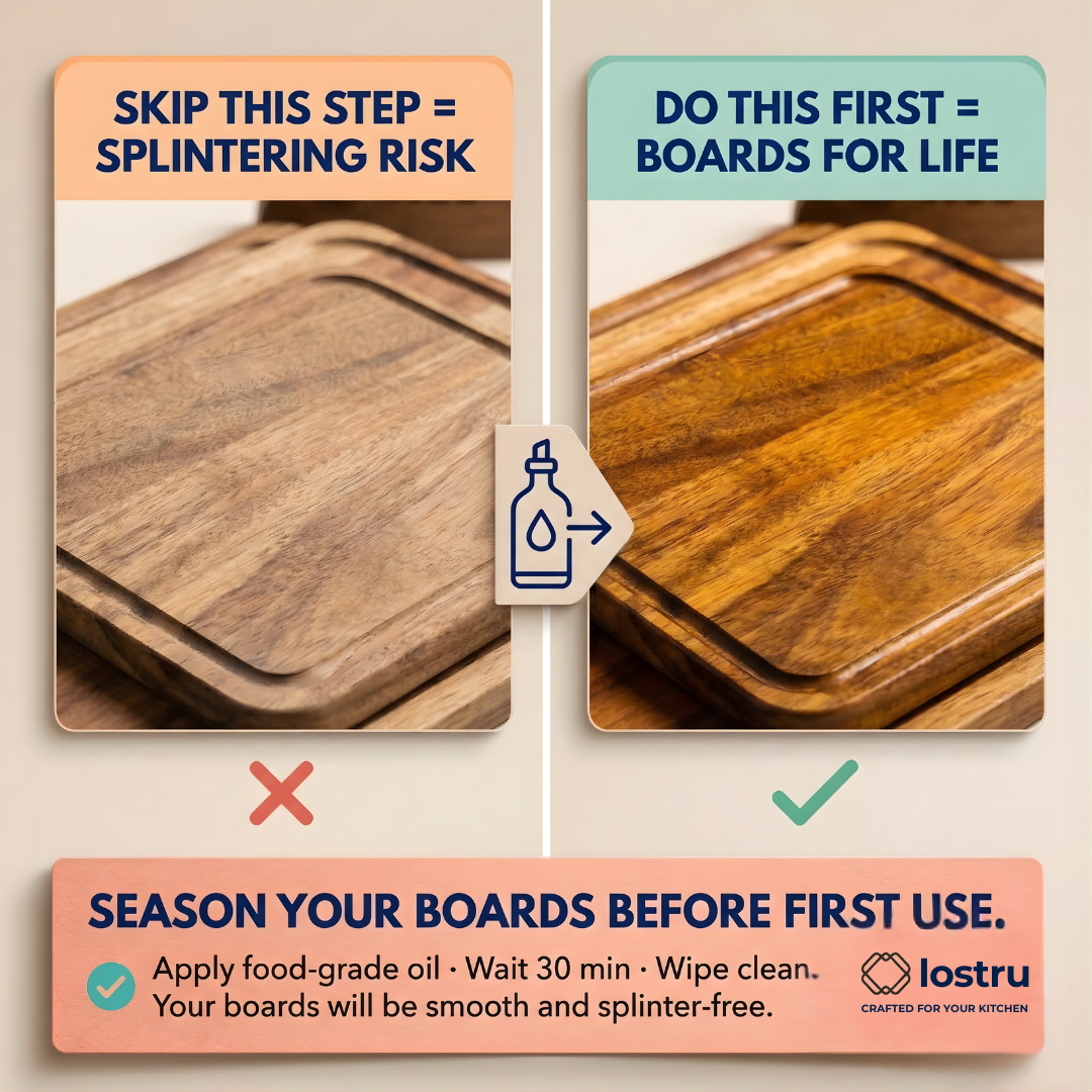 Wooden cutting boards with seasoning instructions and Iostru logo.