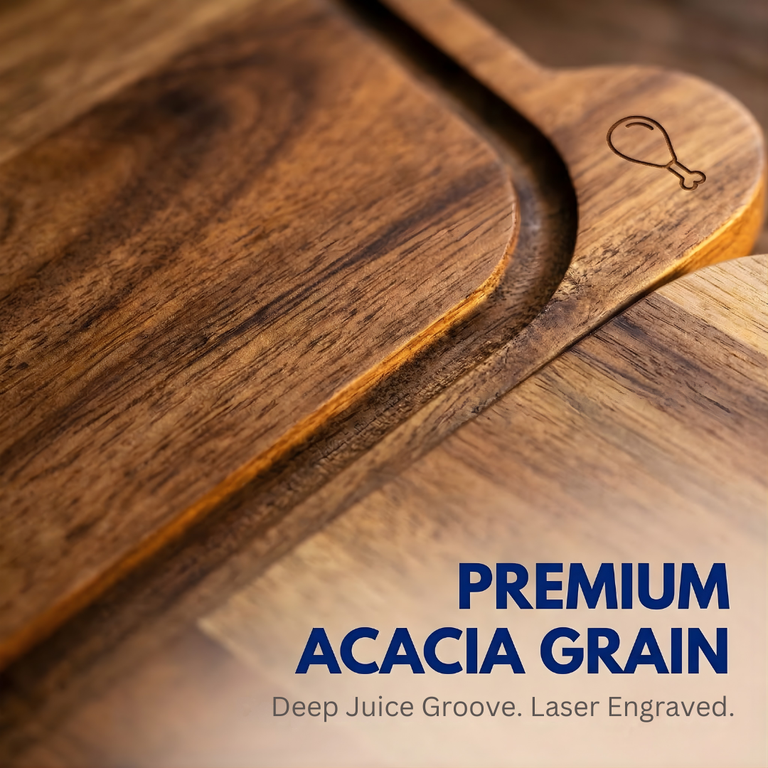 Wooden cutting board with 'Premium Acacia Grain' text on a wooden surface